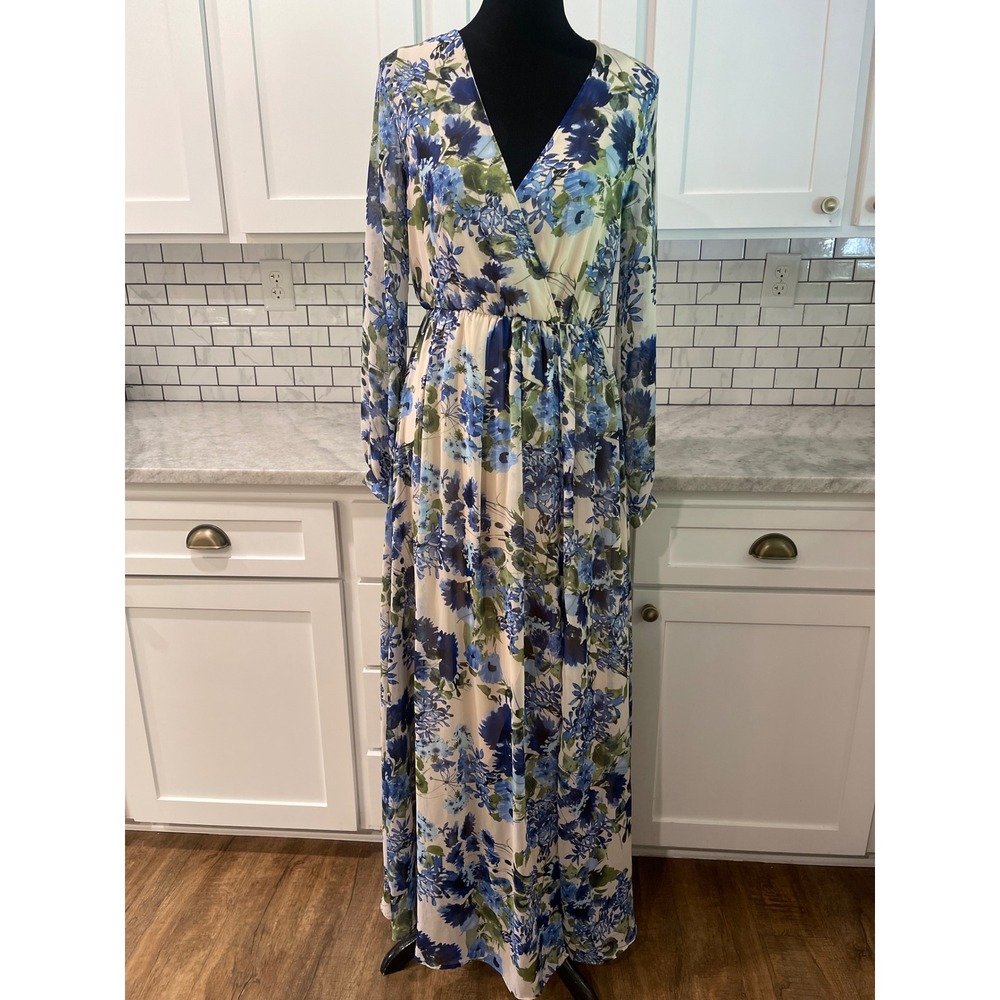 Lulus Maxi Dress Women M Blue Floral Long Sleeve V-Neck Chiffon Surplice